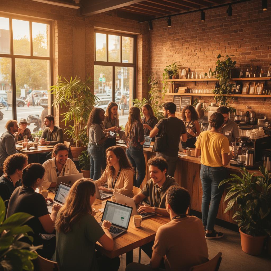 Comunidade Anyofice reunida em um café laptop-friendly